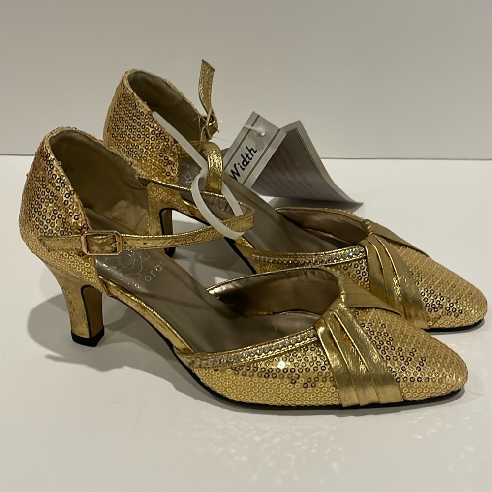 Prom dressy gold shoes heels size 6.5 wide sequins rhinestone fancy NWT NEW